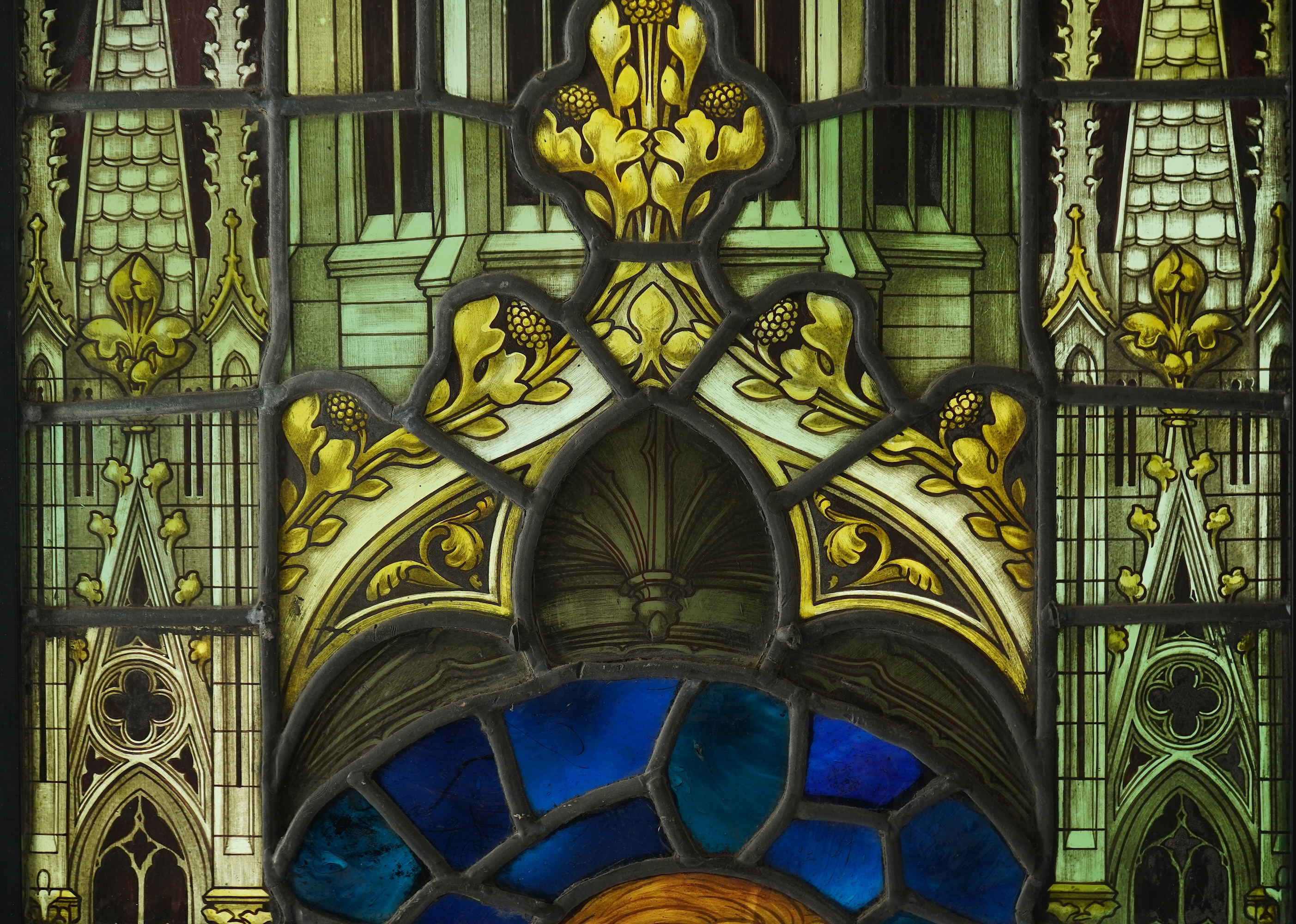 Attributed to Henry Holiday (1839-1927) for James Powell & Son: A stained and painted glass panel depicting the Virgin and Child